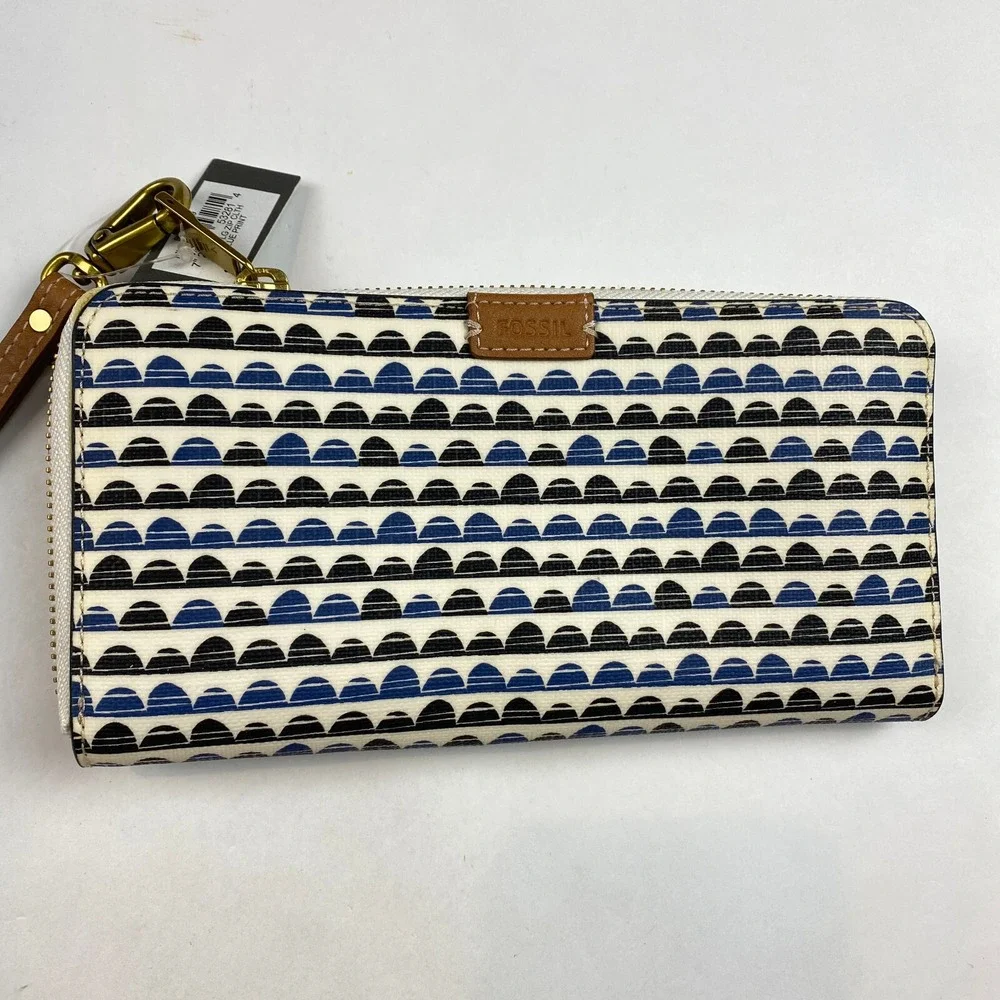 Fossil Emma Satchel Handbag Purse With Matching NWT Wallet, Blue Black Print
